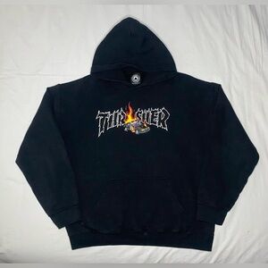Thrasher Burning Cop Car Black Hoodie Pig Skater Size Large RARE DESIGN